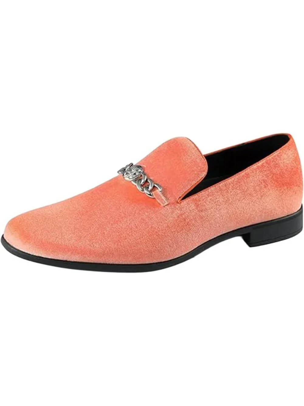 Amali Men's Orange Velvet Loafer Metal Chain Buckle Slip On Smoking Tuxedo Shoes